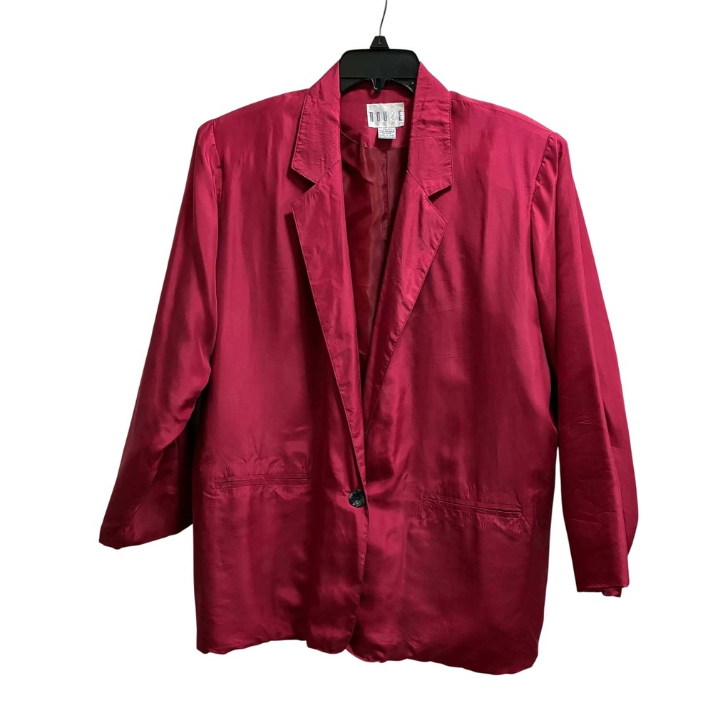 Vintage Rouge Blazer Womens M Rasberry 100% Silk Satin Single Button 90s Jacket